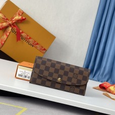 Real shot of Louis Vuitton N63544 gold buckle brown grid red Emilie Wallet Damier Ebene Canvas